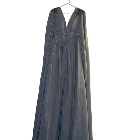 Elegant Dusty Blue Evening Gown with Cape Women's Size S Formal Dress - Picture 2 of 9
